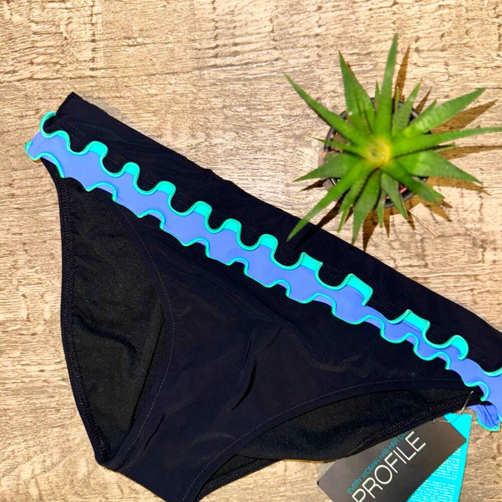 Gottex Profile Wave Trim Bikini‎ Bottoms Sz 8 Black, Purple, Teal Retro Y2K Swim
